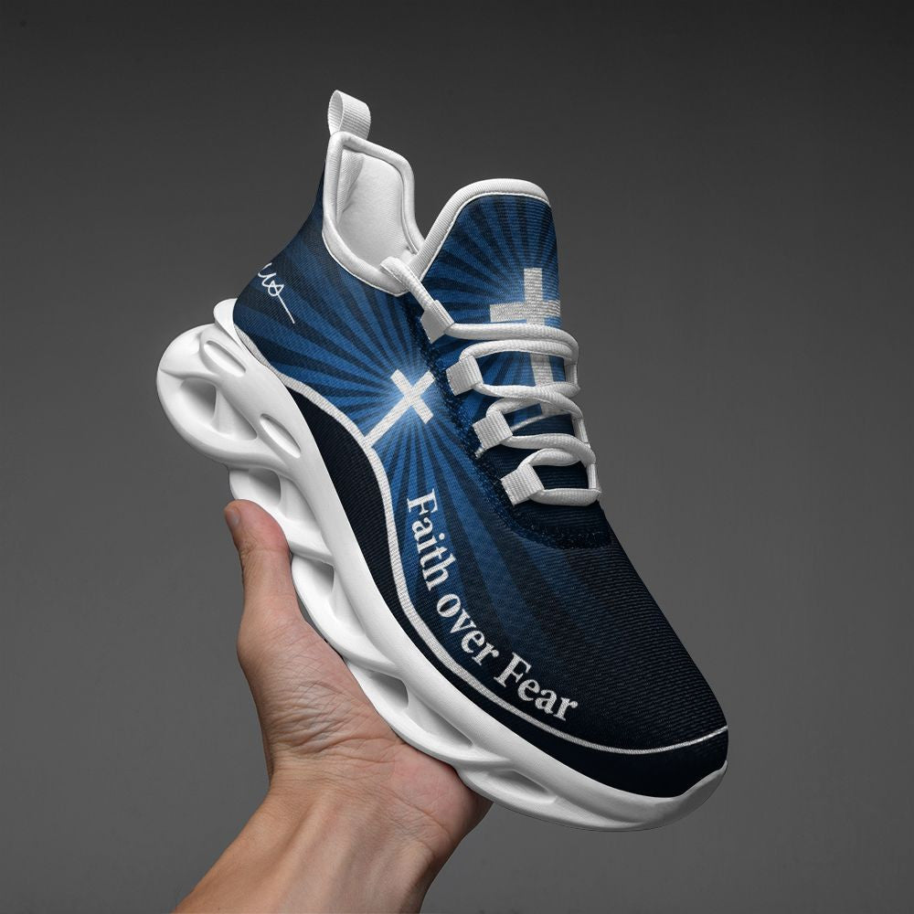 Jesus Faith Over Fear Yezy Running Sneakers Blue Max Soul Shoes - Christian Shoes For Men And Women