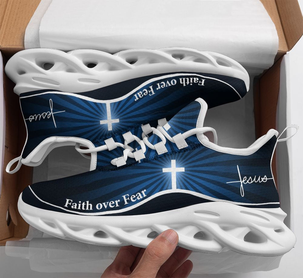 Jesus Faith Over Fear Yezy Running Sneakers Blue Max Soul Shoes - Christian Shoes For Men And Women