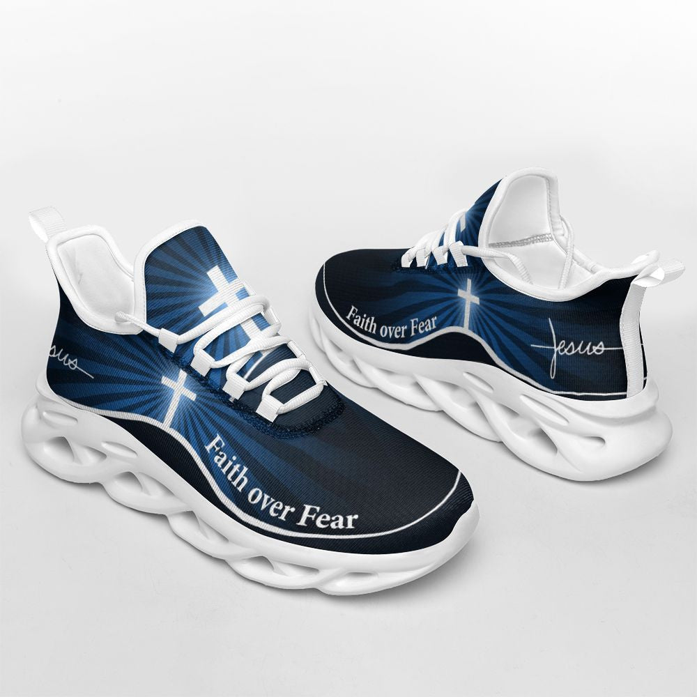 Jesus Faith Over Fear Yezy Running Sneakers Blue Max Soul Shoes - Christian Shoes For Men And Women