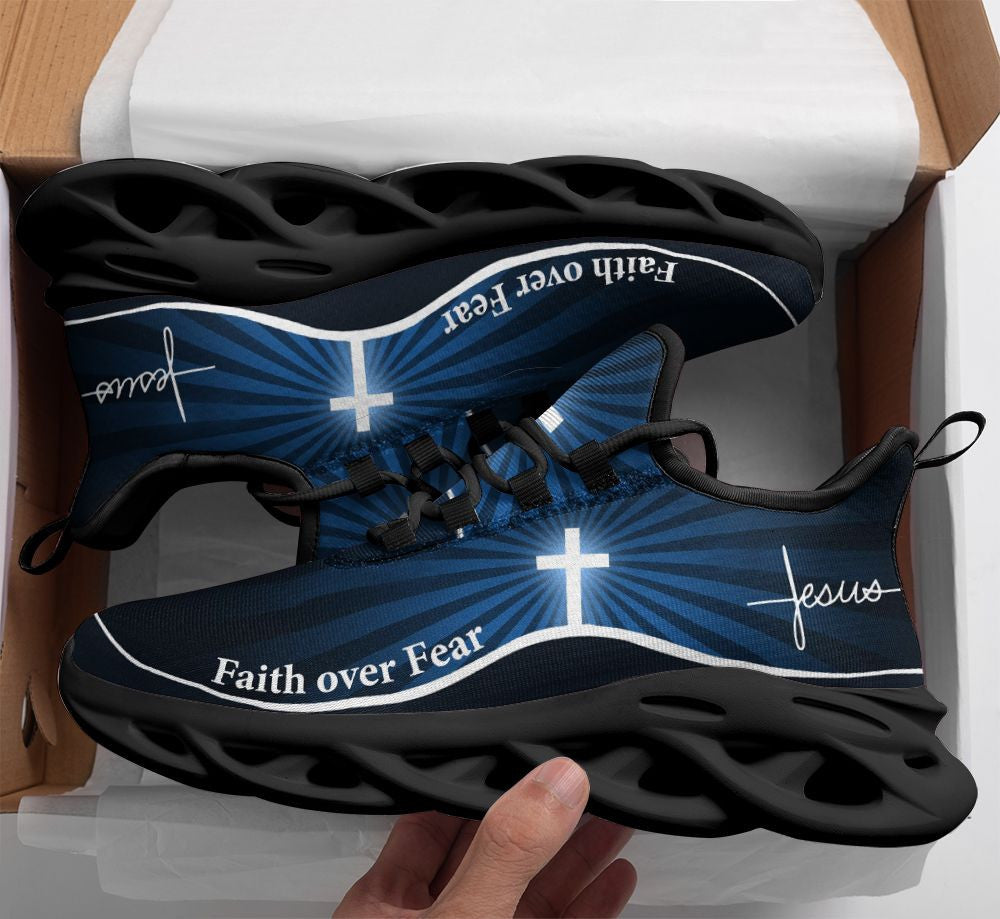 Jesus Faith Over Fear Yezy Running Sneakers Blue Max Soul Shoes - Christian Shoes For Men And Women