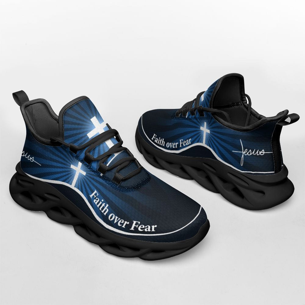 Jesus Faith Over Fear Yezy Running Sneakers Blue Max Soul Shoes - Christian Shoes For Men And Women