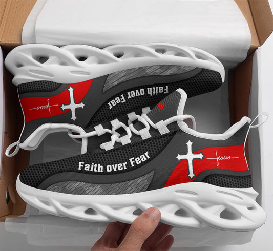 Jesus Faith Over Fear Yezy Running Sneakers Grey Max Soul Shoes - Christian Shoes For Men And Women