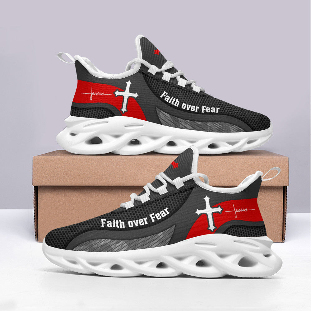 Jesus Faith Over Fear Yezy Running Sneakers Grey Max Soul Shoes - Christian Shoes For Men And Women