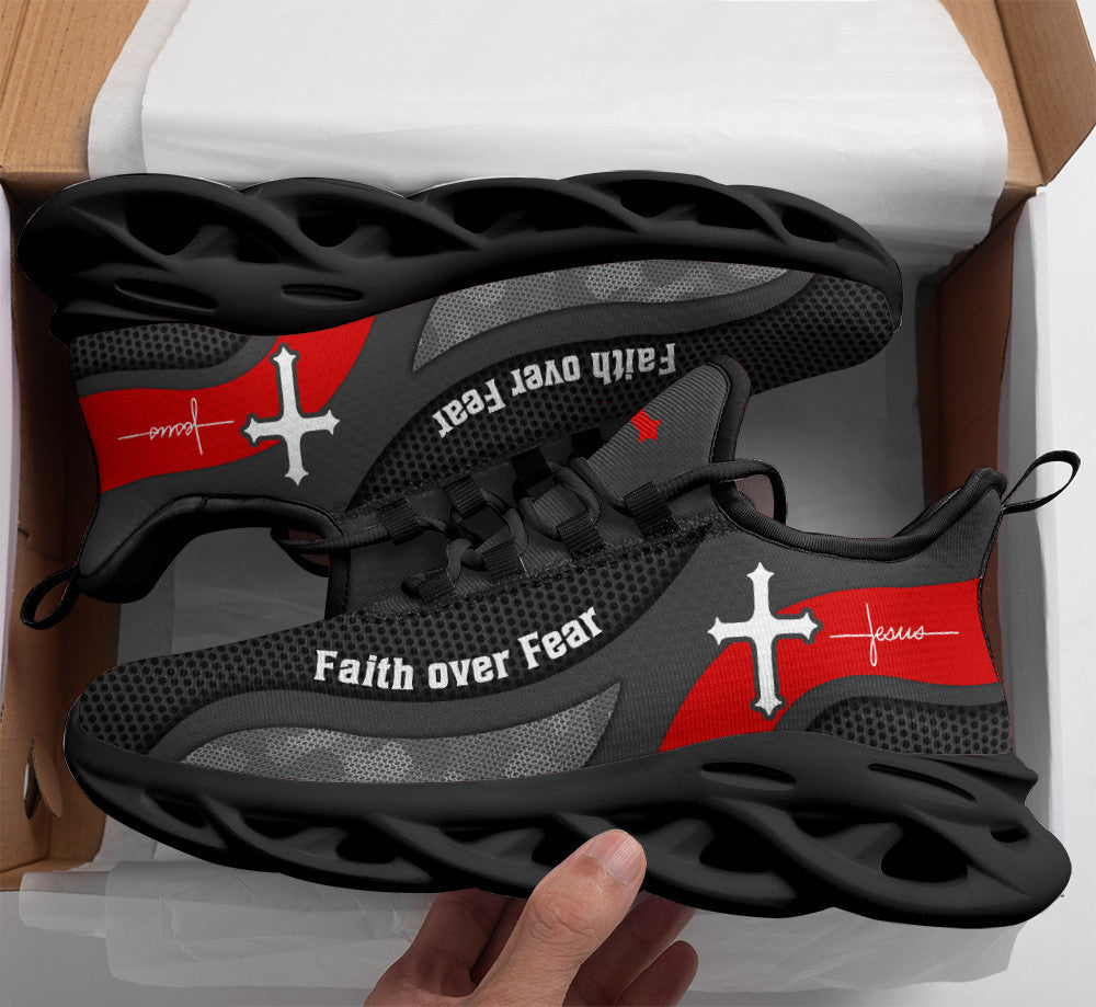 Jesus Faith Over Fear Yezy Running Sneakers Grey Max Soul Shoes - Christian Shoes For Men And Women