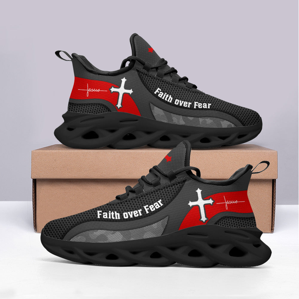 Jesus Faith Over Fear Yezy Running Sneakers Grey Max Soul Shoes - Christian Shoes For Men And Women