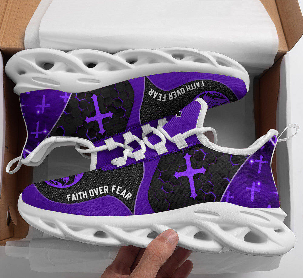 Jesus Faith Over Fear Yezy Running Sneakers Purple Max Soul Shoes - Christian Shoes For Men And Women