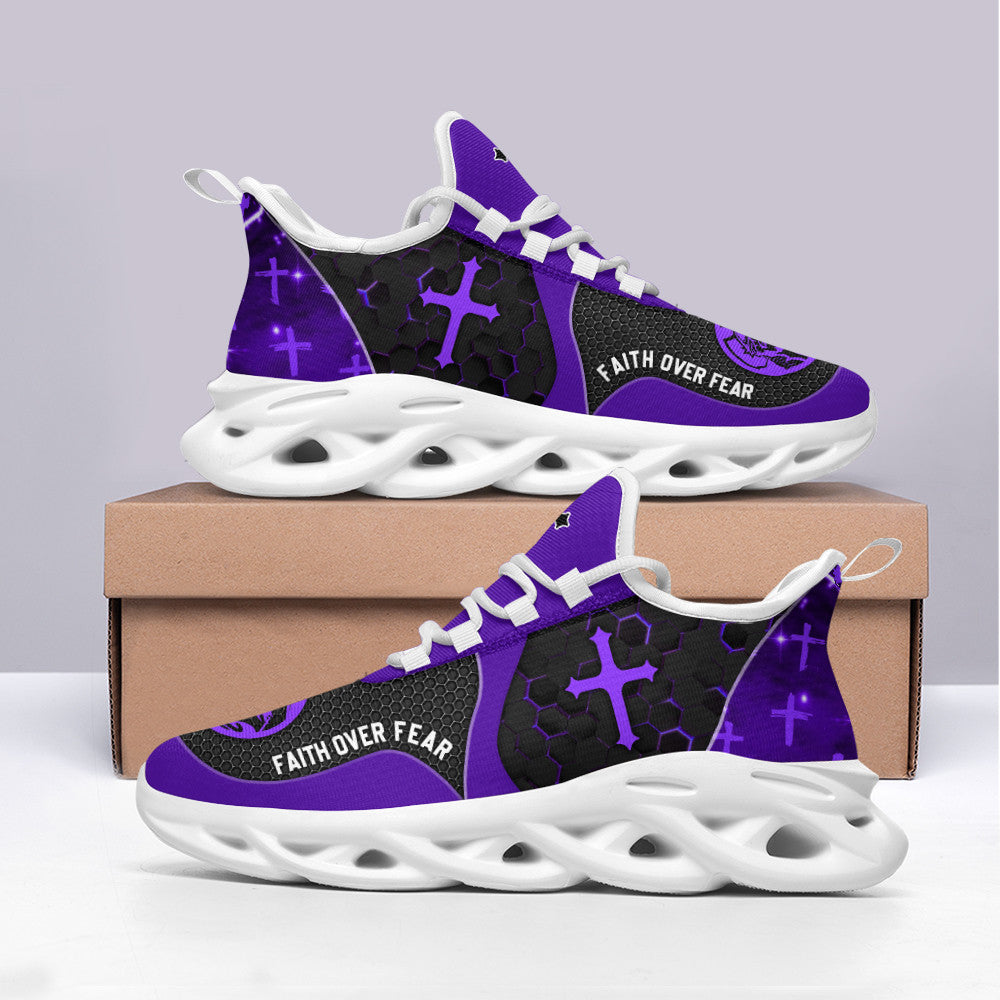 Jesus Faith Over Fear Yezy Running Sneakers Purple Max Soul Shoes - Christian Shoes For Men And Women
