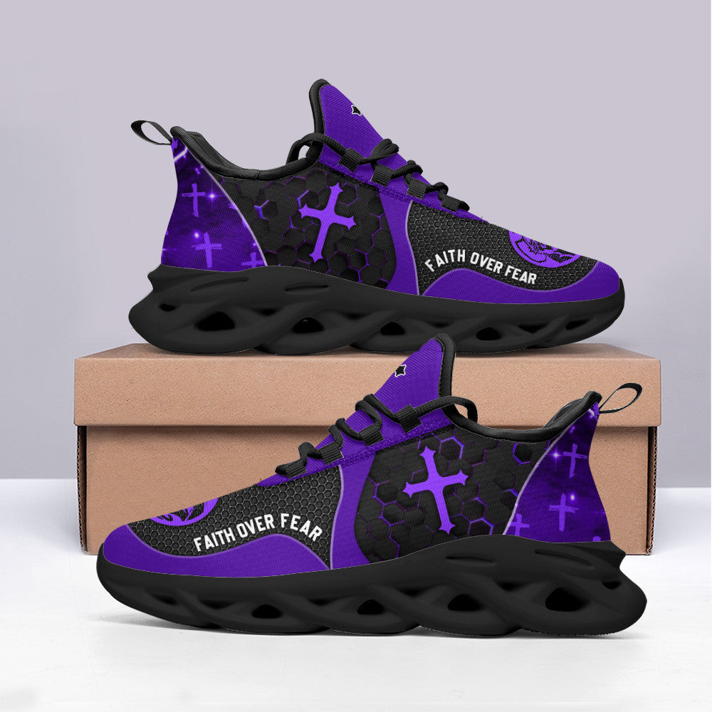 Jesus Faith Over Fear Yezy Running Sneakers Purple Max Soul Shoes - Christian Shoes For Men And Women