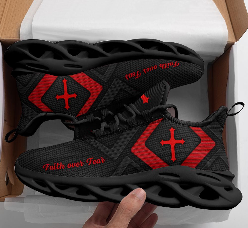 Jesus Faith Over Fear Yezy Running Sneakers Red And Black Max Soul Shoes - Christian Shoes For Men And Women
