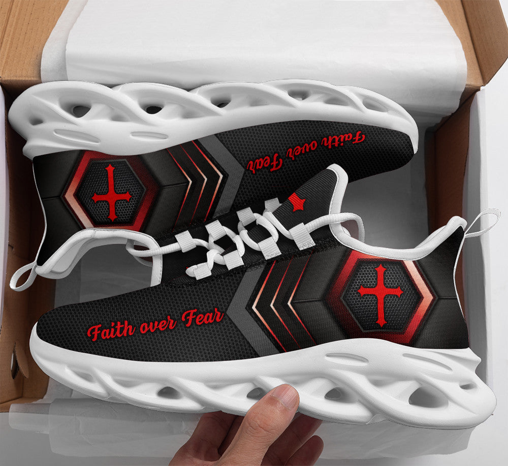 Jesus Faith Over Fear Yezy Running Sneakers Red Black Max Soul Shoes - Christian Shoes For Men And Women