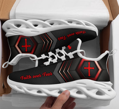 Jesus Faith Over Fear Yezy Running Sneakers Red Black Max Soul Shoes - Christian Shoes For Men And Women
