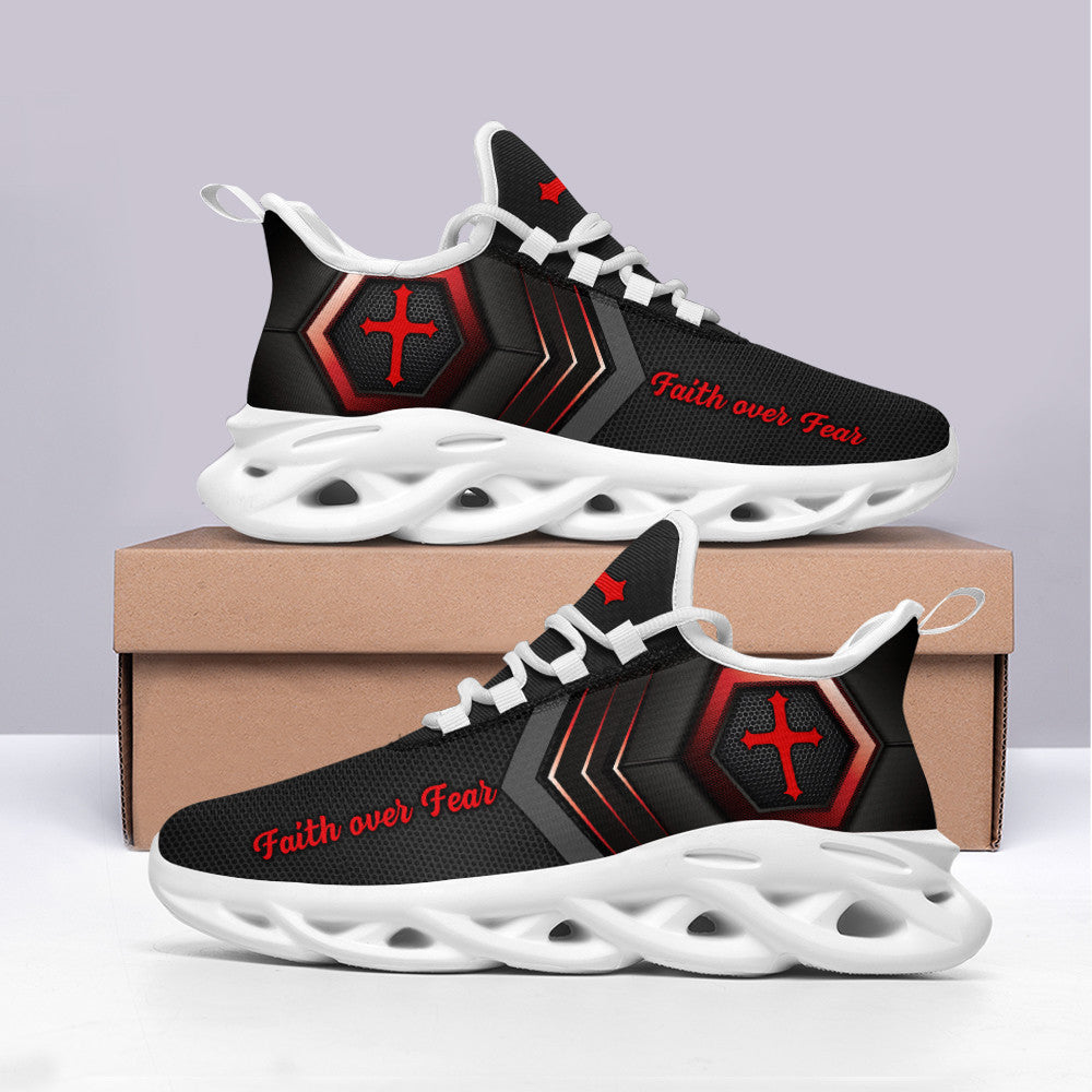 Jesus Faith Over Fear Yezy Running Sneakers Red Black Max Soul Shoes - Christian Shoes For Men And Women