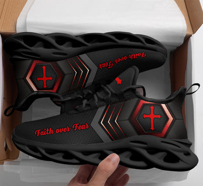 Jesus Faith Over Fear Yezy Running Sneakers Red Black Max Soul Shoes - Christian Shoes For Men And Women