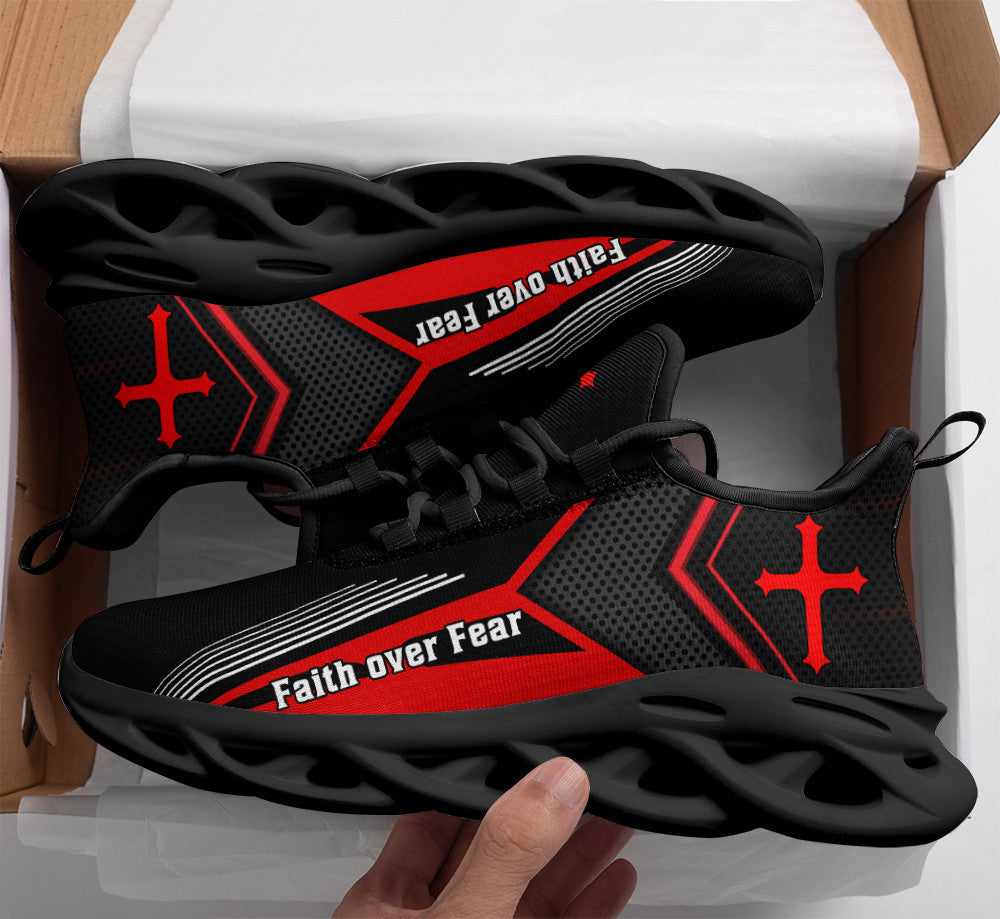 Jesus Faith Over Fear Yezy Running Sneakers Red Max Soul Shoes - Christian Shoes For Men And Women
