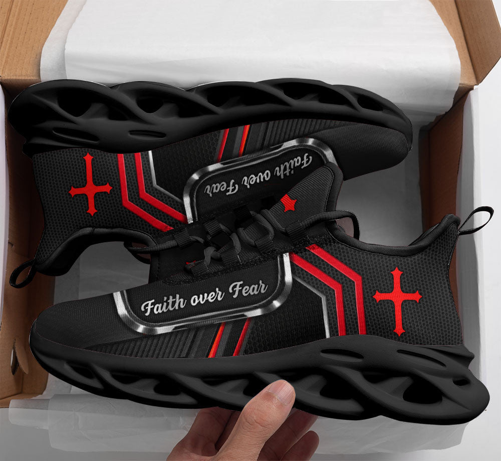 Jesus Faith Over Fear Yezy Running Sneakers White And Black Max Soul Shoes - Christian Shoes For Men And Women