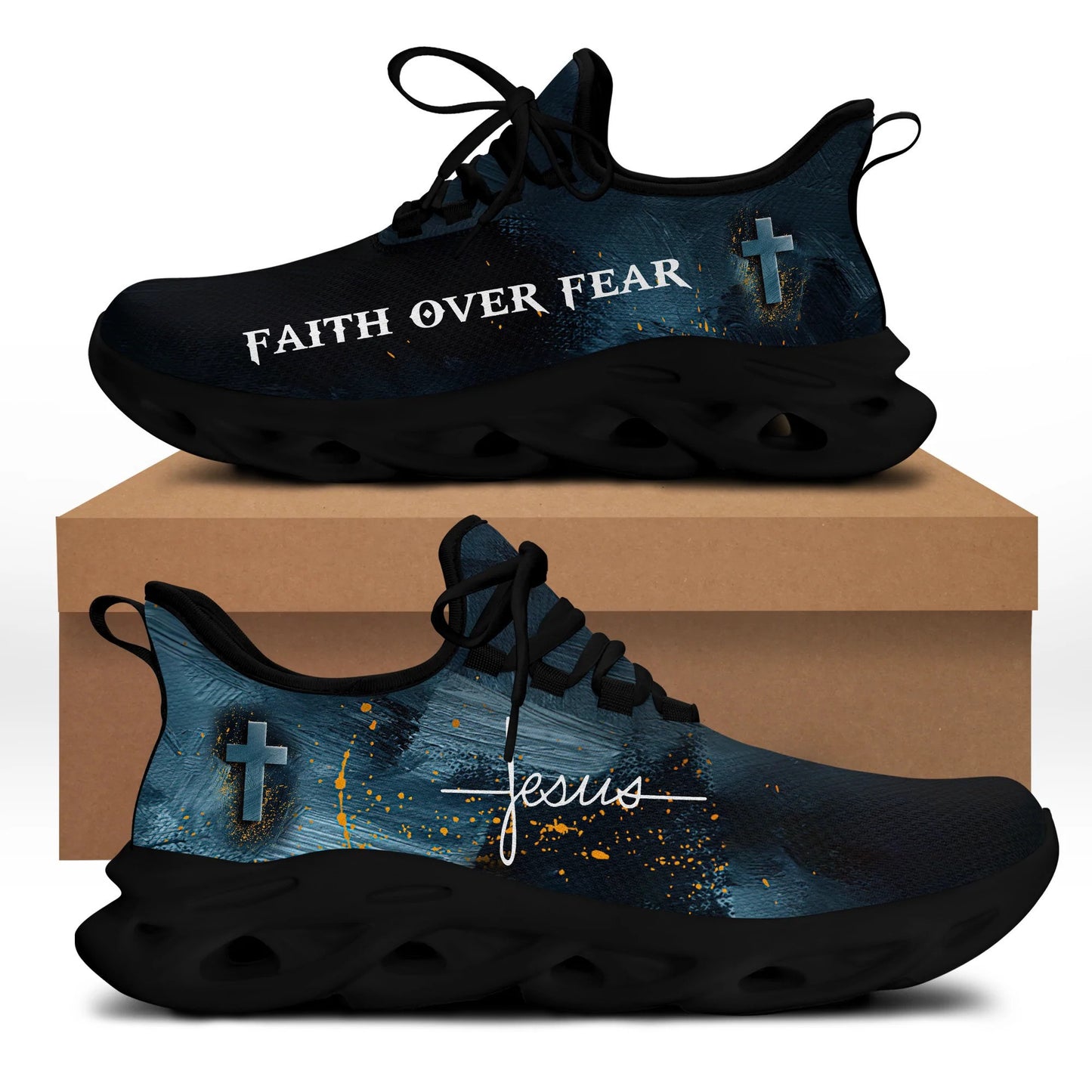 Jesus Faith Over Fear Yezy Running Sneakers White Black Max Soul Shoes - Christian Shoes For Men And Women