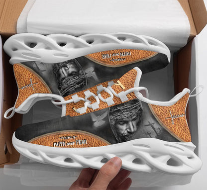 Jesus Faith Over Fear Yezy Running Sneakers Yellow Max Soul Shoes - Christian Shoes For Men And Women