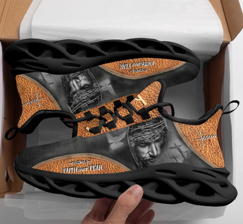 Jesus Faith Over Fear Yezy Running Sneakers Yellow Max Soul Shoes - Christian Shoes For Men And Women