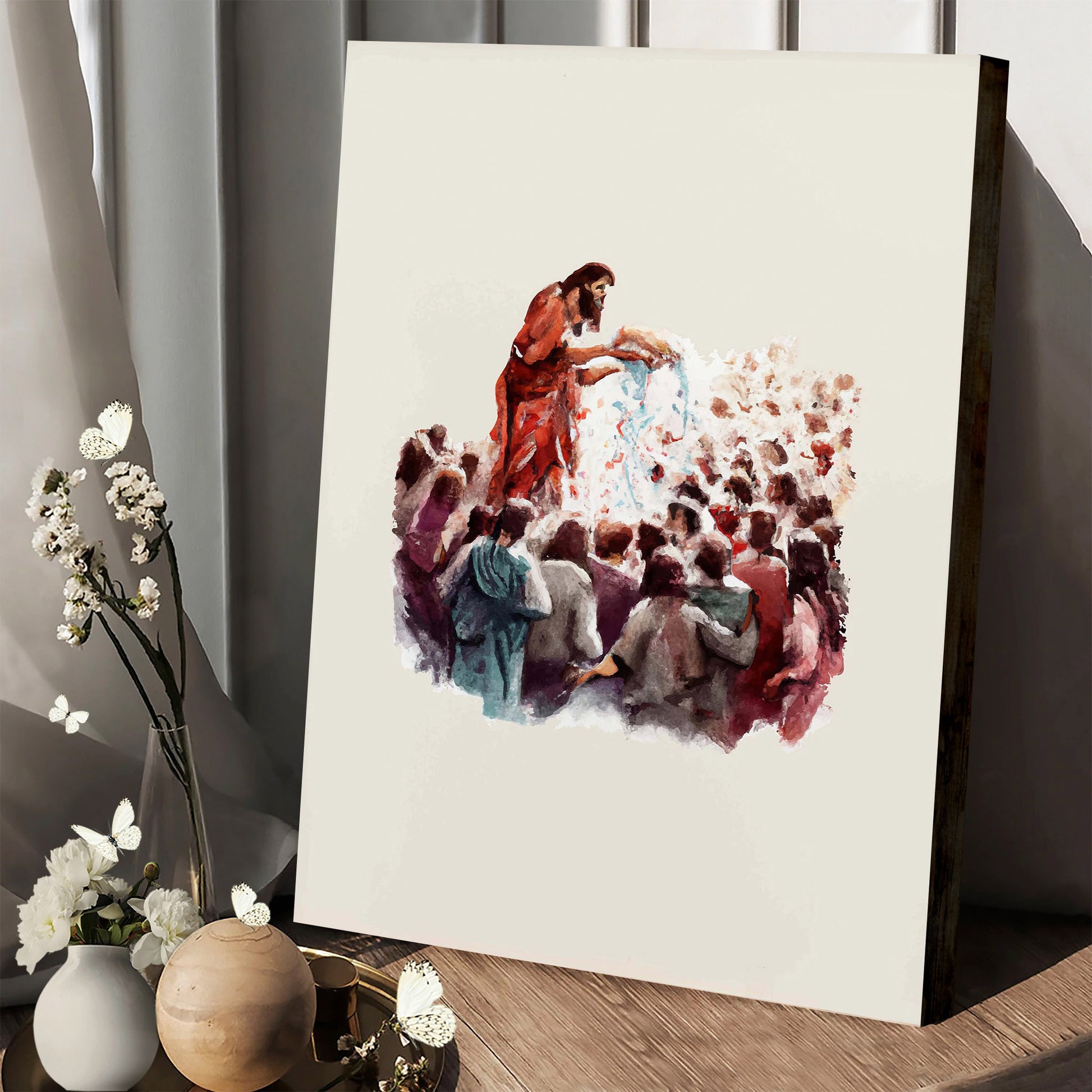 Jesus Feeds the 5000 Modern Christian Watercolor - Jesus Canvas Art - Christian Wall Canvas