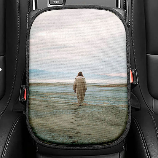 Jesus Footprints In The Sand Seat Box Cover, Christian Car Center Console Cover, Jesus Car Interior Accessories