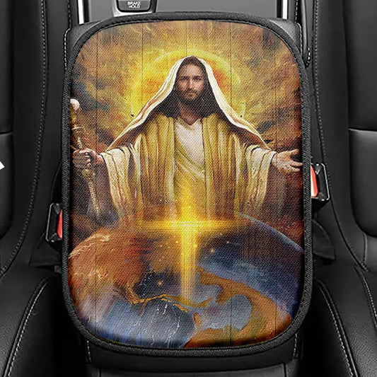 Jesus Got The Whole World In His Hands Seat Box Cover, Jesus Portrait Car Center Console Cover, Christian Car Interior Accessories