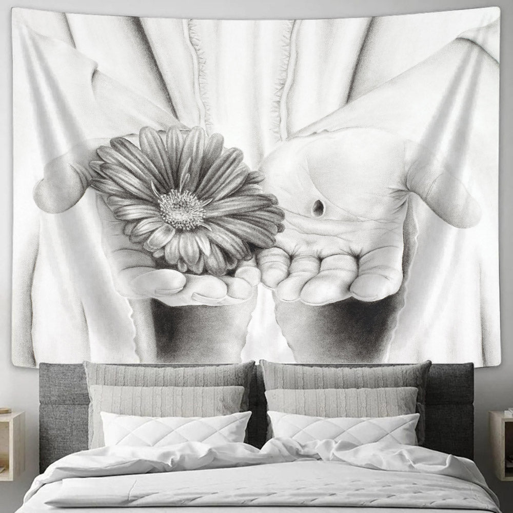 Jesus Hand And Sunflower Tapestry - Peace and Love Tapestry - Jesus Pictures - Christian Wall Tapestry