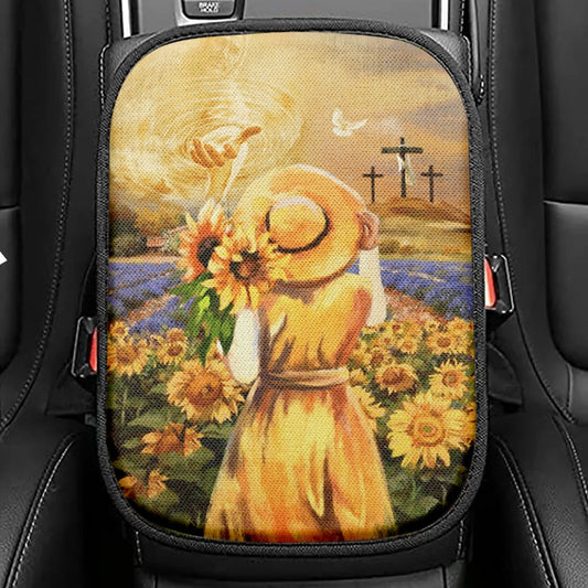 Jesus Hand Beautiful Girl Sunflower Field Cross Seat Box Cover, Jesus Christ Car Center Console Cover, Christian Car Interior Accessories