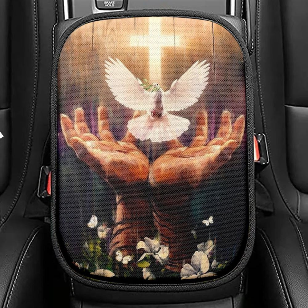 Jesus Hand, Dove Of Peace, Light Cross, White Flower Car Center Console Cover, Christian Armrest Seat Cover, Bible Seat Box Cover