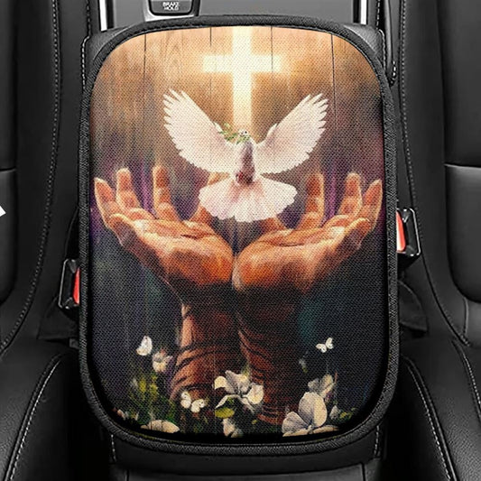 Jesus Hand, Dove Of Peace, Light Cross, White Flower Car Center Console Cover, Christian Armrest Seat Cover, Bible Seat Box Cover