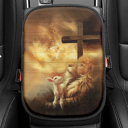 Jesus Hand Lion And Lamb Seat Box Cover, Jesus Portrait Car Center Console Cover, Christian Car Interior Accessories