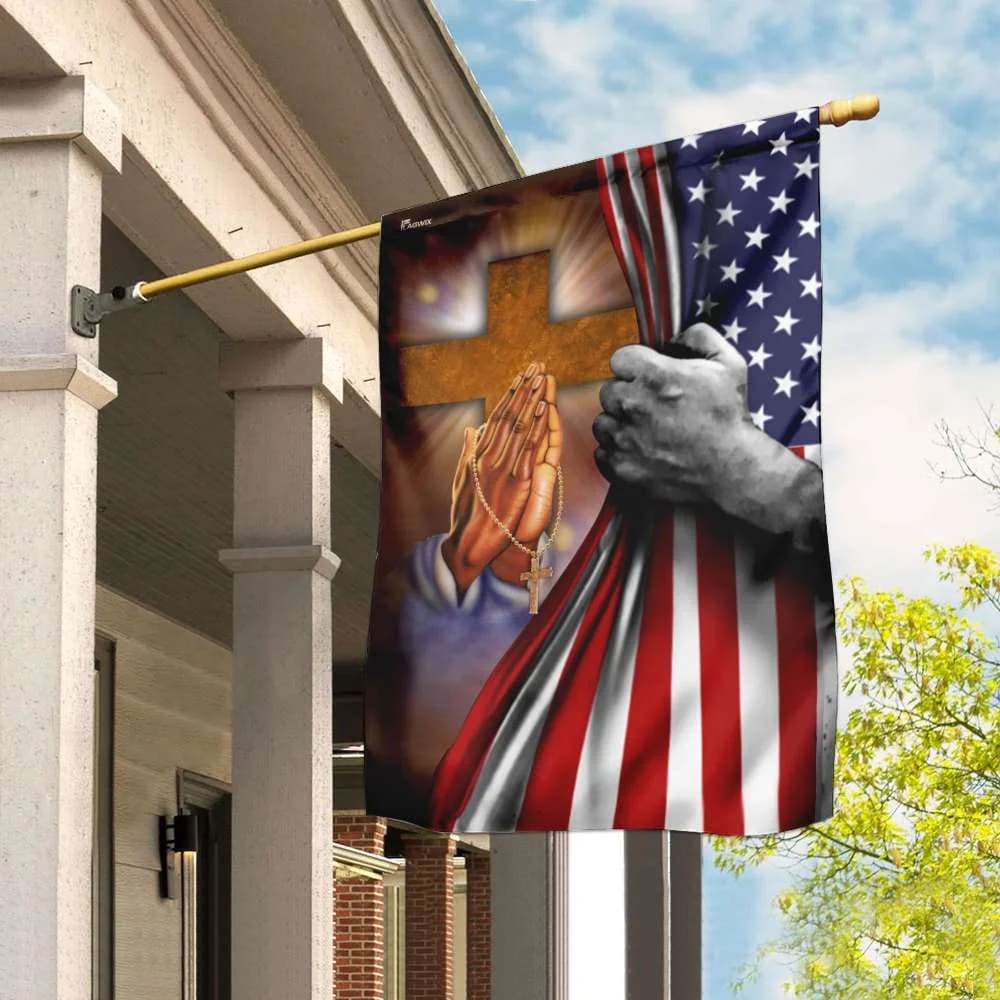 Jesus Hand Prayer Cross American US House Flag - Christian Garden Flags - Christian Flag - Religious Flags