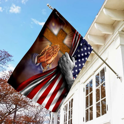 Jesus Hand Prayer Cross American US House Flag - Christian Garden Flags - Christian Flag - Religious Flags