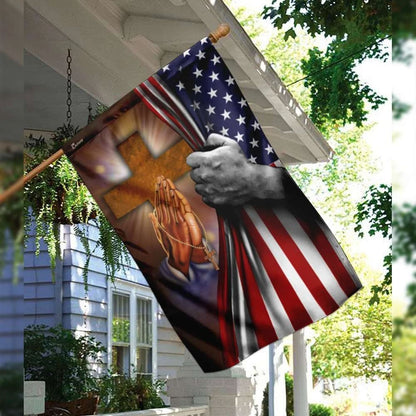 Jesus Hand Prayer Cross American US House Flag - Christian Garden Flags - Christian Flag - Religious Flags