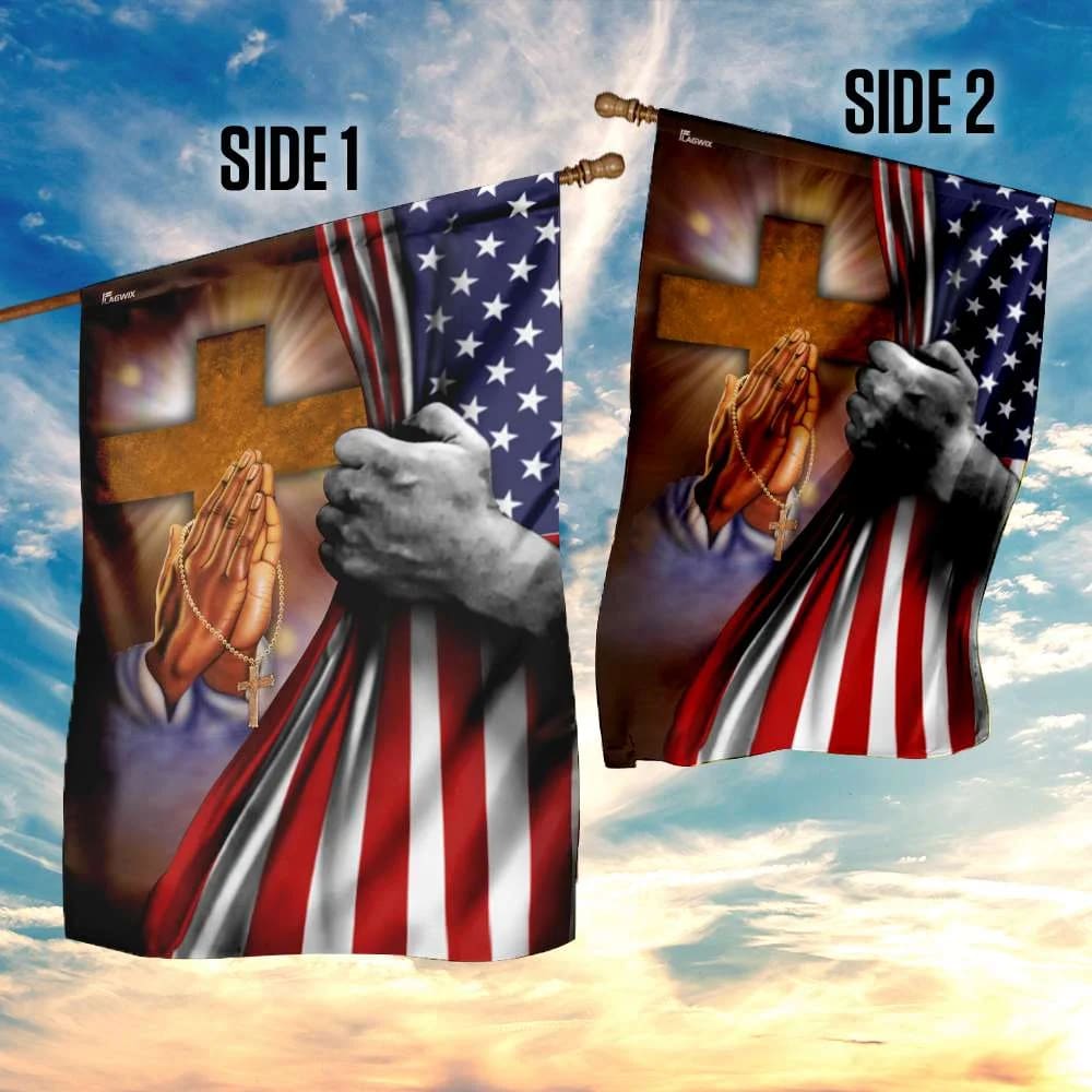 Jesus Hand Prayer Cross American US House Flag - Christian Garden Flags - Christian Flag - Religious Flags