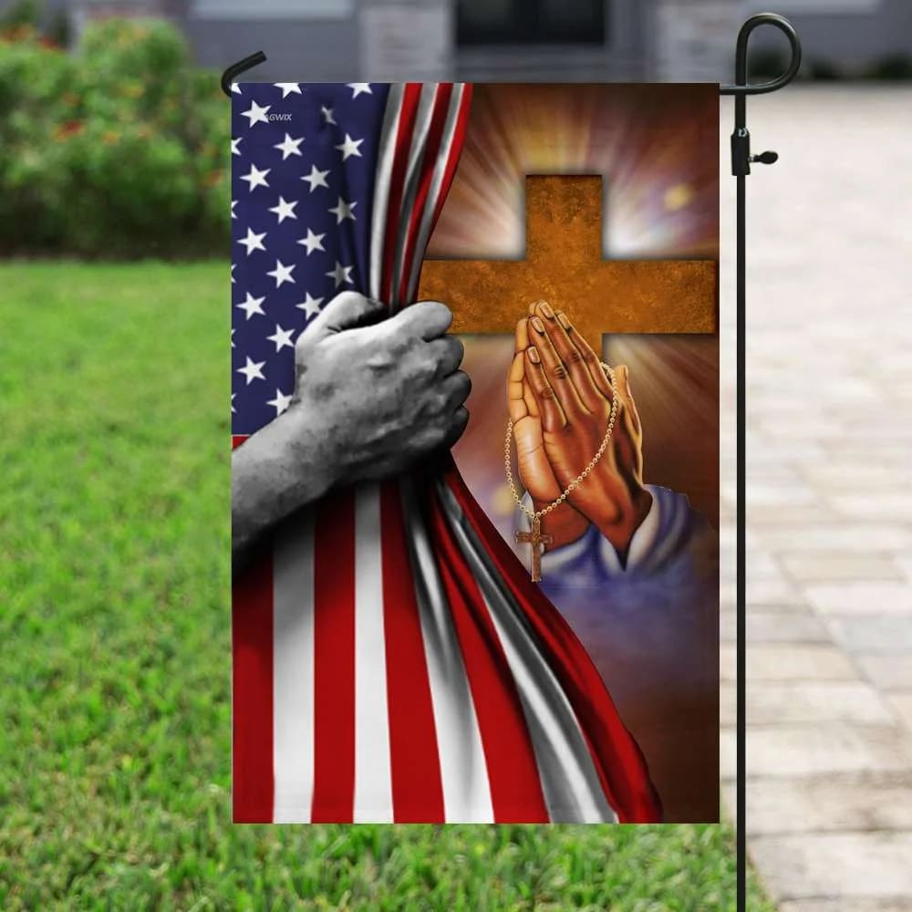 Jesus Hand Prayer Cross American US House Flag - Christian Garden Flags - Christian Flag - Religious Flags