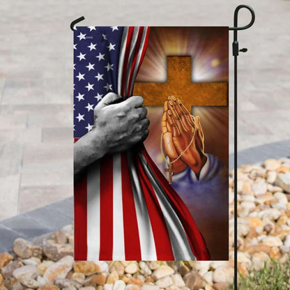 Jesus Hand Prayer Cross American US House Flag - Christian Garden Flags - Christian Flag - Religious Flags