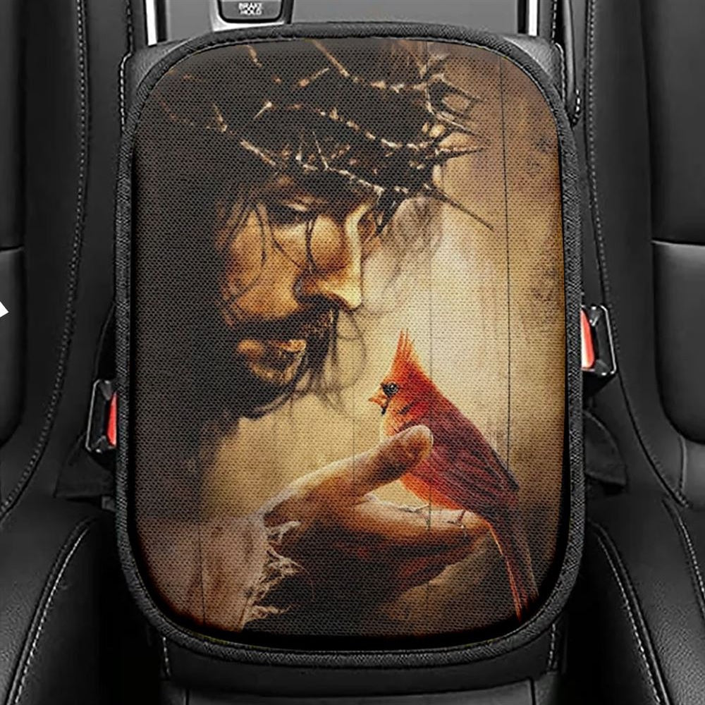 Jesus Hand Red Cardinals Thorn Crown Car Center Console Cover, Christian Armrest Seat Cover, Bible Seat Box Cover
