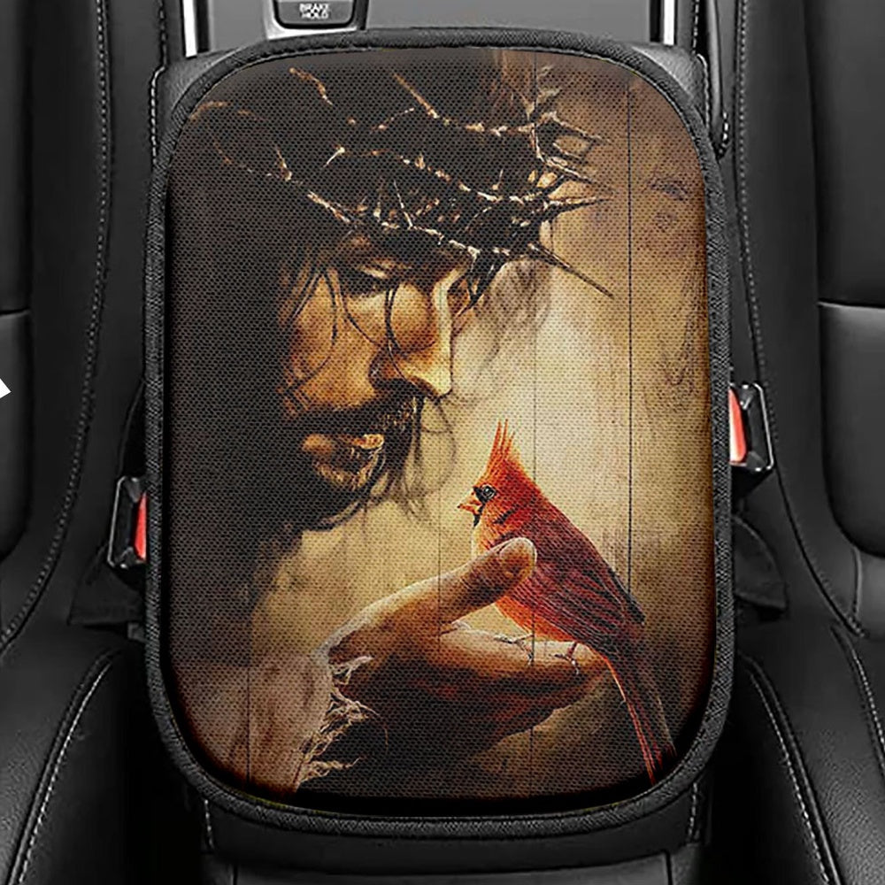 Jesus Hand Red Cardinals Thorn Crown Jesus Seat Box Cover, Jesus Portrait Car Center Console Cover, Christian Car Interior Accessories