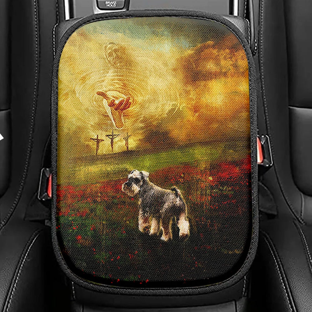 Jesus Hand Schnauzer Flower Field Seat Box Cover, Christian Car Center Console Cover, Religious Car Interior Accessories