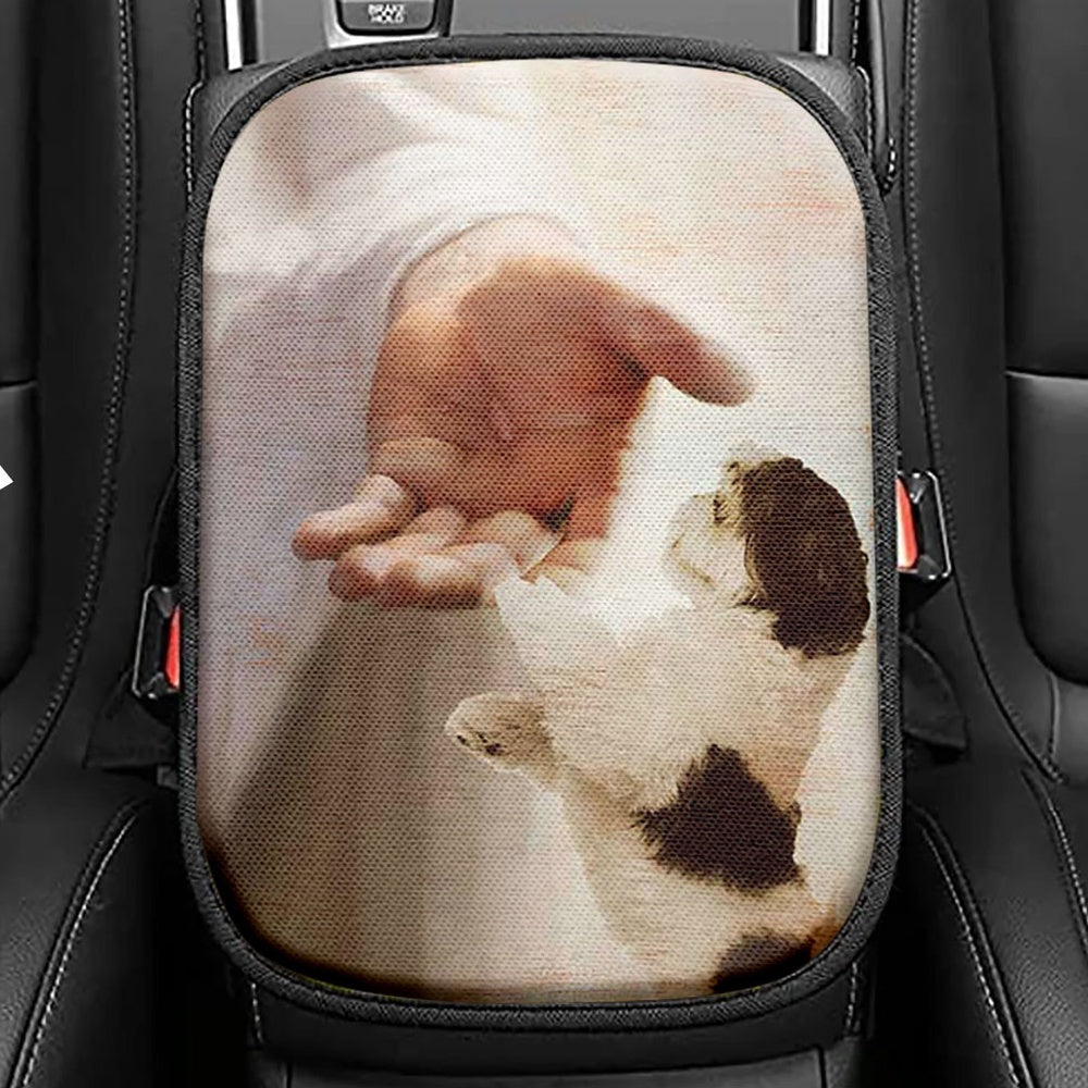 Jesus Hand Shih Tzu Puppies Seat Box Cover, Jesus Portrait Car Center Console Cover, Christian Car Interior Accessories