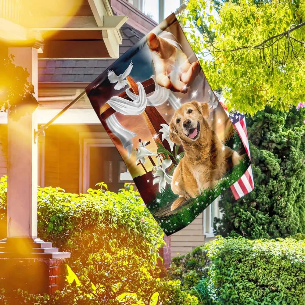 Jesus Hand The Lilies And Dog Golden Retriever House Flag - Christian Garden Flags - Christian Flag - Religious Flags