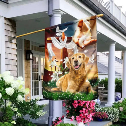 Jesus Hand The Lilies And Dog Golden Retriever House Flag - Christian Garden Flags - Christian Flag - Religious Flags
