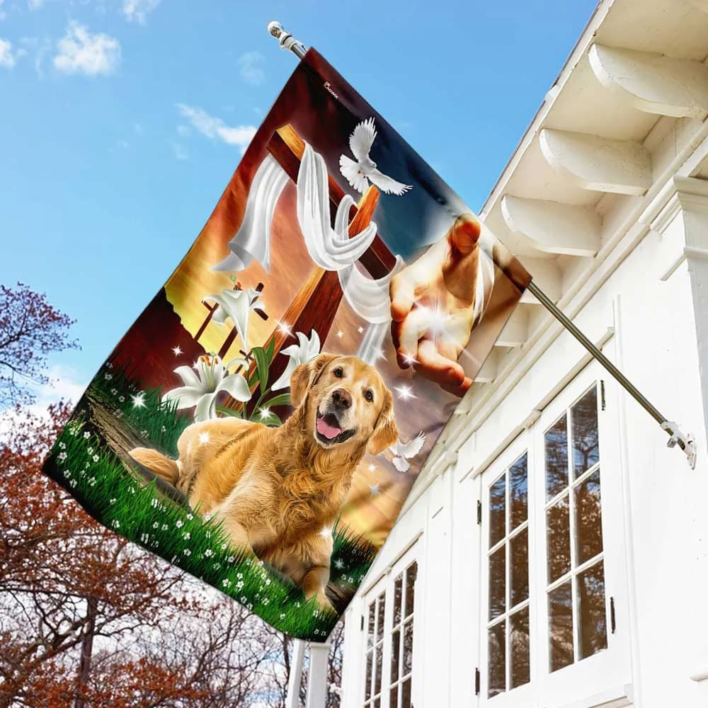 Jesus Hand The Lilies And Dog Golden Retriever House Flag - Christian Garden Flags - Christian Flag - Religious Flags