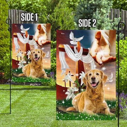 Jesus Hand The Lilies And Dog Golden Retriever House Flag - Christian Garden Flags - Christian Flag - Religious Flags