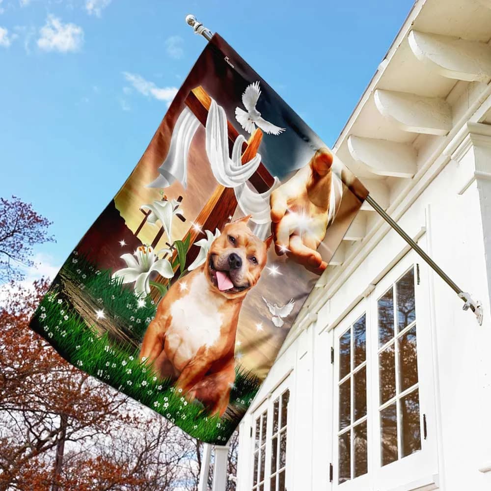 Jesus Hand The Lilies And Dog Pitbull House Flag - Christian Garden Flags - Christian Flag - Religious Flags
