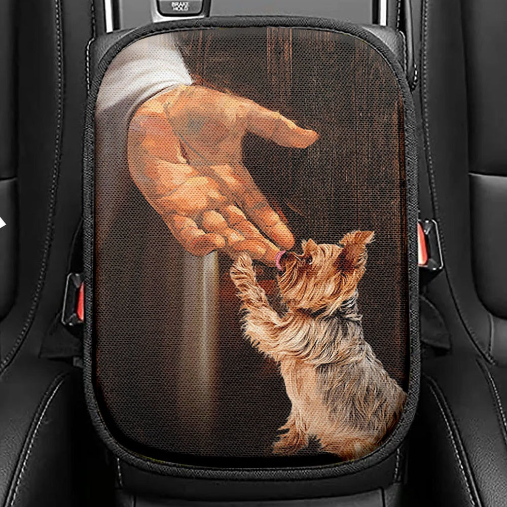 Jesus Hand Yorkshire Terrier Seat Box Cover, In The Hand Of God Car Center Console Cover, Jesus Portrait Car Interior Accessories