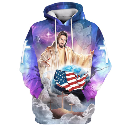 Jesus Hands Holding Earth 3d Hoodie - Christian American Flag 3d Hoodies - Jesus Hoodie