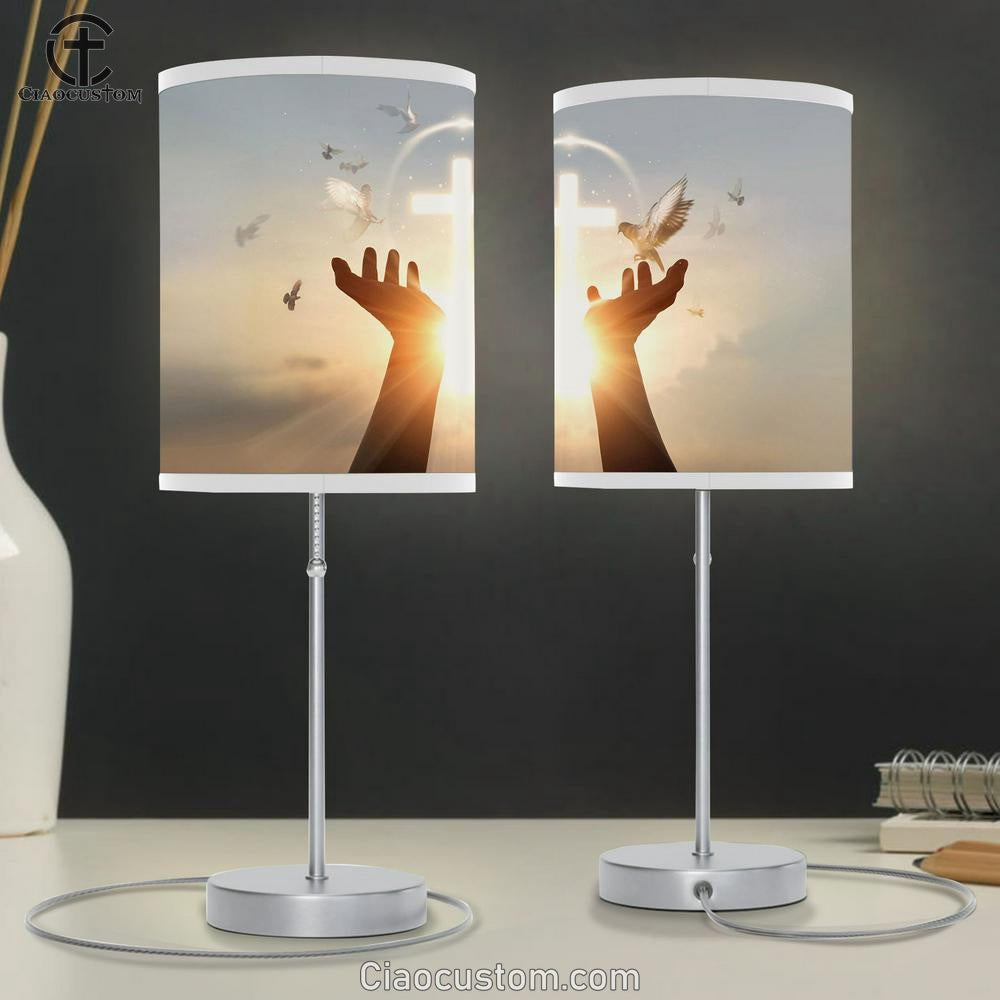 Jesus Hands Palm Up Praying Cross Table Lamp Pictures - Faith Art - Christian Table Lamp For Bedroom Decor