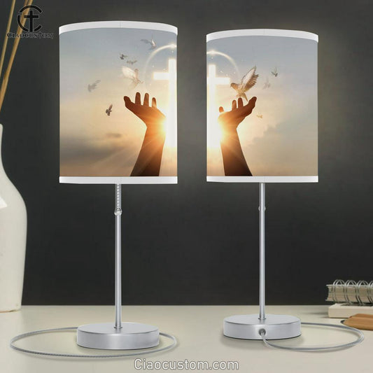 Jesus Hands Palm Up Praying Cross Table Lamp Pictures - Faith Art - Christian Table Lamp For Bedroom Decor