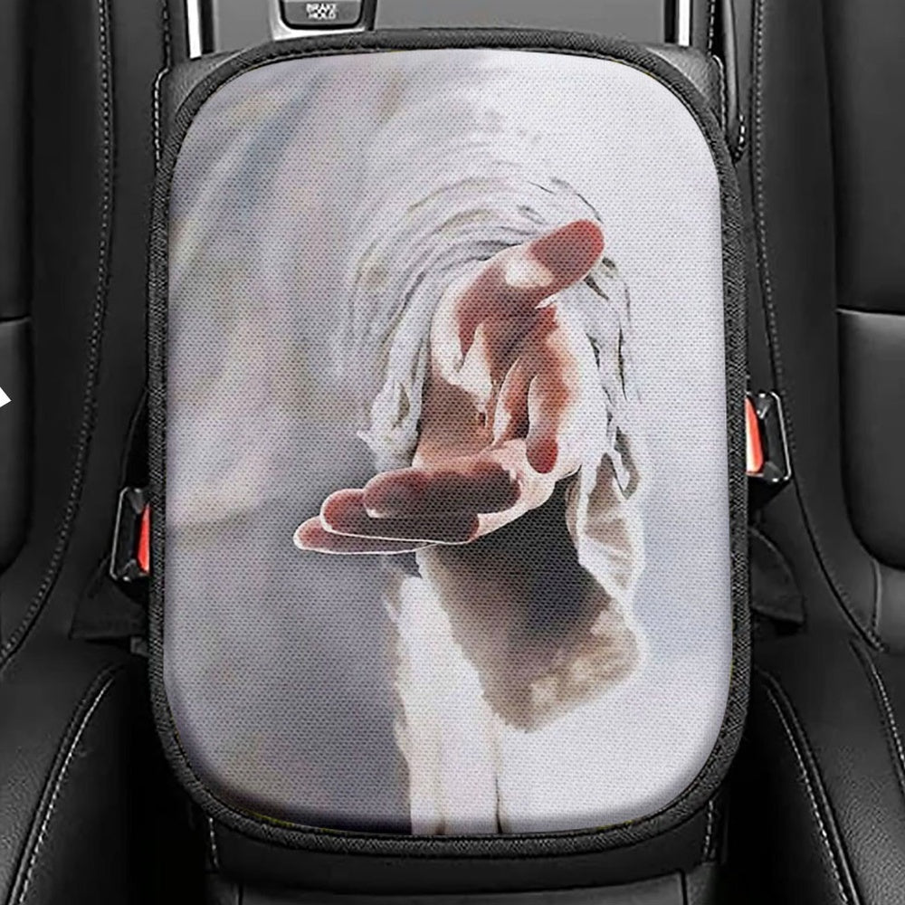 Jesus Hands Reaching Out Faith Over Fear Christian Seat Box Cover, Bible Verse Car Center Console Cover, Scripture Car Interior Accessories